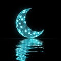 Illuminated crescent moon reflected on rippling turquoise water night sky Royalty Free Stock Photo