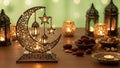 Illuminated Crescent Moon and Star Decor with Lanterns and Dates Royalty Free Stock Photo