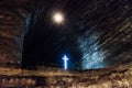 Illuminated cross at Slanic Salt mine