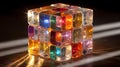 Illuminated crystal puzzle cube structure glowing with internal multicolored lights resting upon a dark wooden surface creating Royalty Free Stock Photo
