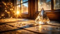 Illuminated crystal pyramid on rustic wooden surface with golden dust particles and sunlight streaming through window. Generative Royalty Free Stock Photo