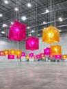 Illuminated Cube Lanterns Hanging in Warehouse Many vibrant pink and orange cubeshaped lanterns hang from the ceiling of a Royalty Free Stock Photo