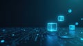 Illuminated cubes hovering above a futuristic circuit board representing data transmission and digital innovation. Generative AI Royalty Free Stock Photo