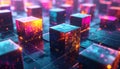 Illuminated cubic data blocks with glowing orange and pink lights on a dark grid surface Royalty Free Stock Photo
