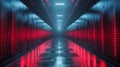 Illuminated Data Center Corridor With Red Lighting and Modern Server Racks