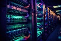 Illuminated data center rack with colorful LEDs on servers showing modern technology and networking equipment Royalty Free Stock Photo