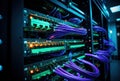 Illuminated data center rack with colorful LEDs on servers showing modern technology and networking equipment Royalty Free Stock Photo