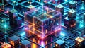 Illuminated data cube network abstract representation of a complex system of interconnected nodes and pathways. Generative AI Royalty Free Stock Photo
