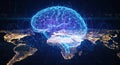 Illuminated digital brain overlaying a glowing world map symbolizing global intelligence and connectivity Royalty Free Stock Photo