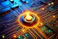 Illuminated Digital Button on a Dynamic Circuit Board A Visual Representation of Seamless Online Connectivity and