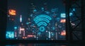 Illuminated digital network symbols, including a glowing blue Wi-Fi icon, appear