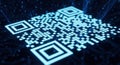 Illuminated digital quick response code glowing with futuristic blue light on a dark background Royalty Free Stock Photo