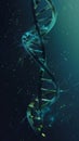 Illuminated DNA helix in a surreal blue space environment. Concept of biotechnology and genetic research