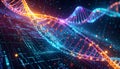 Illuminated DNA strand twisting through a futuristic digital landscape with binary code Royalty Free Stock Photo