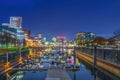 Illuminated DÃ¼sseldorf Medienhafen during blue hour