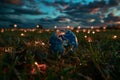 Illuminated Earth globe on grass field with sunset and lights in background. Earth Day wallpaper