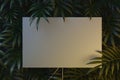 Illuminated easel with blank white canvas on Green tropical flowers background . 3D rendering.