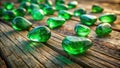 Illuminated emerald gems on rustic wooden surface a serene still life. Generative AI Royalty Free Stock Photo
