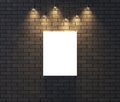 Illuminated empty frame mock up on dark brick wall. 3D illustrating. Royalty Free Stock Photo