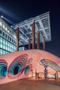 Illuminated entrance to underground bike parking in Eindhoven, The Netherlands