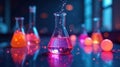 Illuminated erlenmeyer flasks with glowing liquids and bouncing bubbles in a laboratory setting. Generative AI Royalty Free Stock Photo