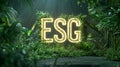 Illuminated ESG text surrounded by lush green plants, symbolizing sustainability and environmental focus Royalty Free Stock Photo