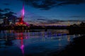 Illuminated Esplanade Riel Footbridge reflected in the waters in Winnipeg, Canada.