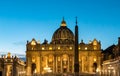 Rome - Scenic view on the illuminated facade of the Saint Peter Basilica in the Vatican City, Rome, Italy Royalty Free Stock Photo