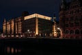 Illuminated famous historic buildings in the Speicherstadt Hamburg