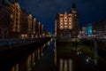 Illuminated famous historic buildings in the Speicherstadt Hamburg