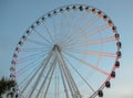 Illuminated ferris wheel at dusk on a blue sky with palm trees. Royalty Free Stock Photo