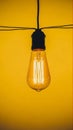 Illuminated filament bulb casting a warm glow against a vibrant golden background evoking simplicity Royalty Free Stock Photo