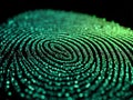 Illuminated fingerprint pattern created with glowing turquoise dots on a dark background symbolizing identity and security Royalty Free Stock Photo