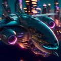 Illuminated flying futuristic aircraft science fiction scene. AI generated. Selective Focus