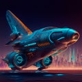 Illuminated flying futuristic aircraft science fiction scene. AI generated. Selective Focus