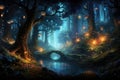 Illuminated Forest Hosting a Dense Array of Trees, An enchanted forest with little magical creatures and sparkling mushrooms, AI