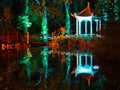 Forest, Wooden Bridge and Lake at Night