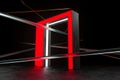 Red Arch With Neon Lamps Near Metallic Lines On Glossy Base. Contemporary Gallery Of Modern Art. 3d rendering.