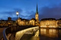 Illuminated Fraumunster Church and River Limmat