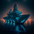 Illuminated futuristic cargo ship science fiction scene. AI generated. Selective Focus