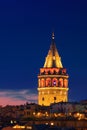 Illuminated Galata Tower in Istanbul, Turkey with dark blue sky