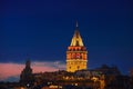 Illuminated Galata Tower in Istanbul