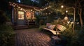 Illuminated Garden Delights: Enhancing Your Outdoor Experience with a String of Lights, Garden Bench, and Sheltered Corner