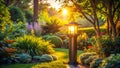 Illuminated garden path at sunset a serene landscape with lush greenery and a warmly lit garden lantern. Generative AI Royalty Free Stock Photo