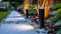 Illuminated garden pathway with decorative lighting at night. Royalty Free Stock Photo