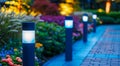 Illuminated Garden Pathway at Twilight. Generative ai Royalty Free Stock Photo