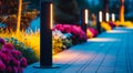 Illuminated Garden Pathway at Twilight. Generative ai Royalty Free Stock Photo