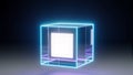 Illuminated geometric cube glowing in a modern dark space environment Royalty Free Stock Photo