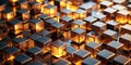 Illuminated geometric cubes abstract background featuring a complex array of interlocking shiny blocks with warm inner glowing Royalty Free Stock Photo