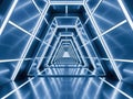 Illuminated geometric passageway with neon accents and reflective surfaces Royalty Free Stock Photo